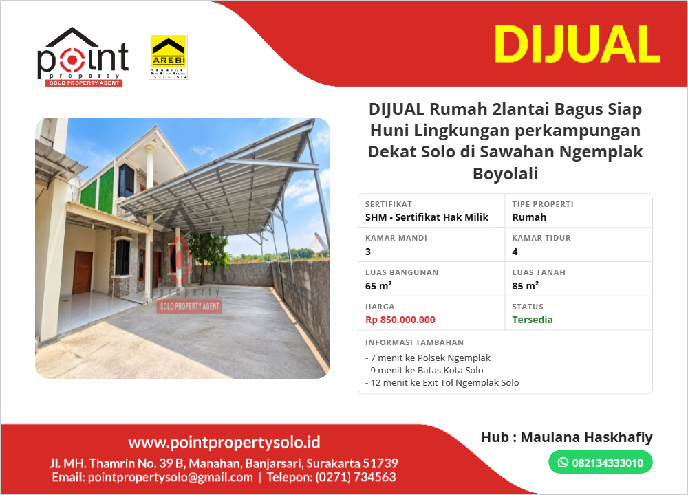 DIJUAL Rumah 2lantai Bagus Siap Huni Lingkungan perkampungan Dekat Solo di Sawahan Ngemplak Boyolali 