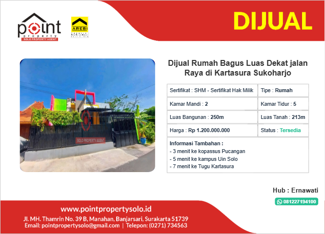 Dijual Rumah Bagus Luas Dekat jalan Raya di Kartasura Sukoharjo