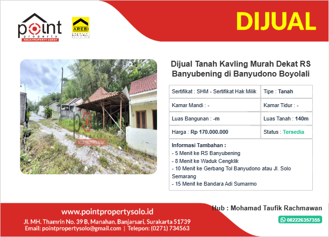 Dijual Tanah Kavling Murah Dekat RS Banyubening di Banyudono Boyolali