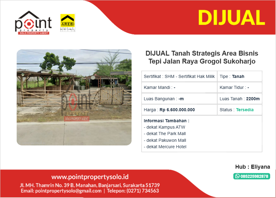 DIJUAL Tanah Strategis Area Bisnis Tepi Jalan Raya Grogol Sukoharjo