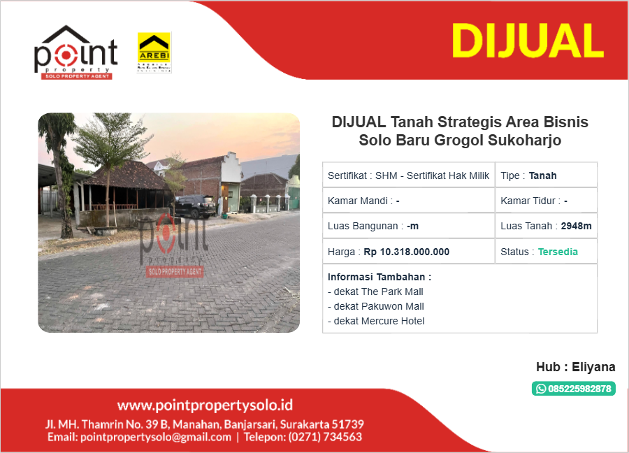 DIJUAL Tanah Strategis Area Bisnis Solo Baru Grogol Sukoharjo