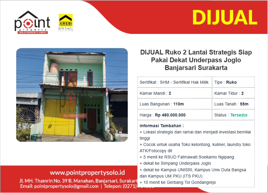 DIJUAL Ruko 2 Lantai Strategis Siap Pakai Dekat Underpass Joglo Banjarsari Surakarta