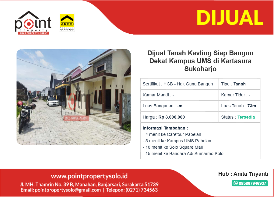 Dijual Tanah Kavling Siap Bangun Dekat Kampus UMS di Kartasura Sukoharjo