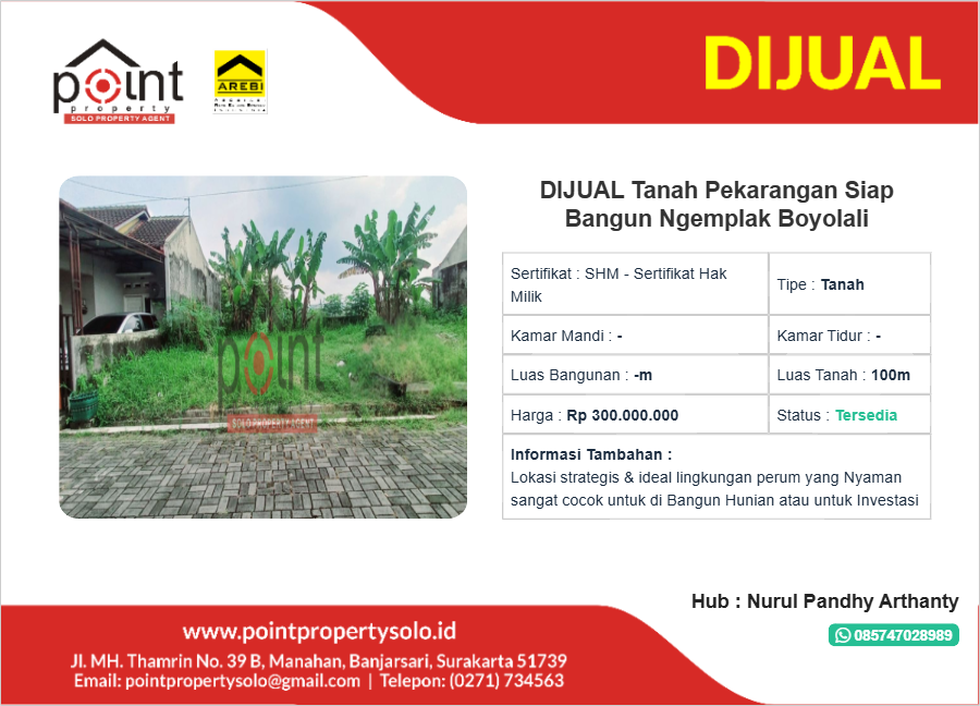 DIJUAL Tanah Pekarangan Siap Bangun Ngemplak Boyolali