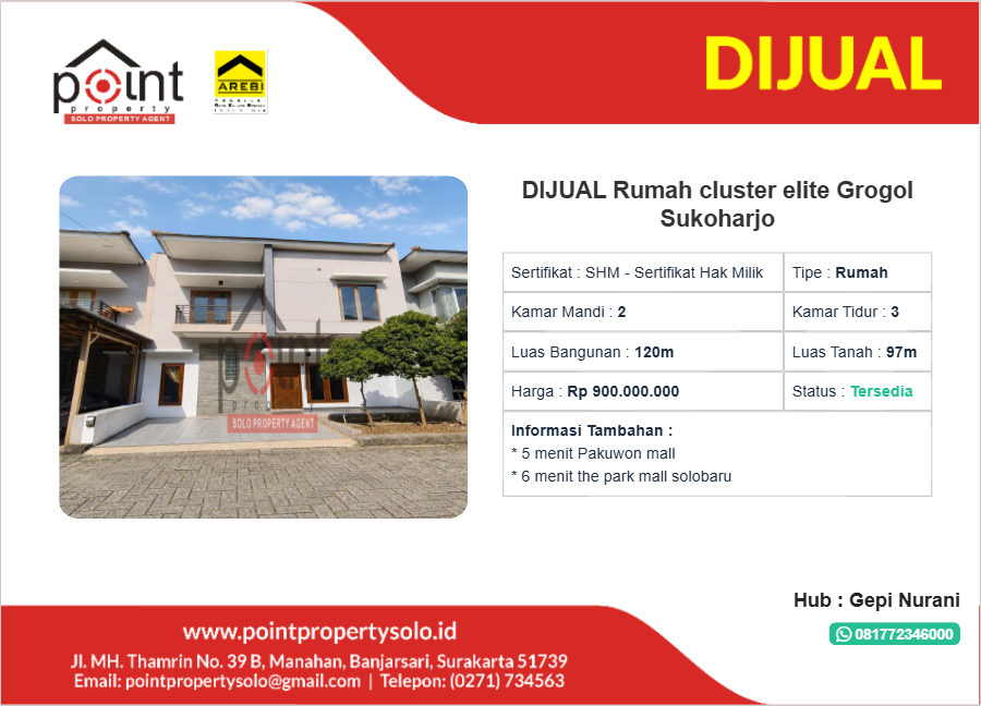DIJUAL Rumah cluster elite Grogol Sukoharjo